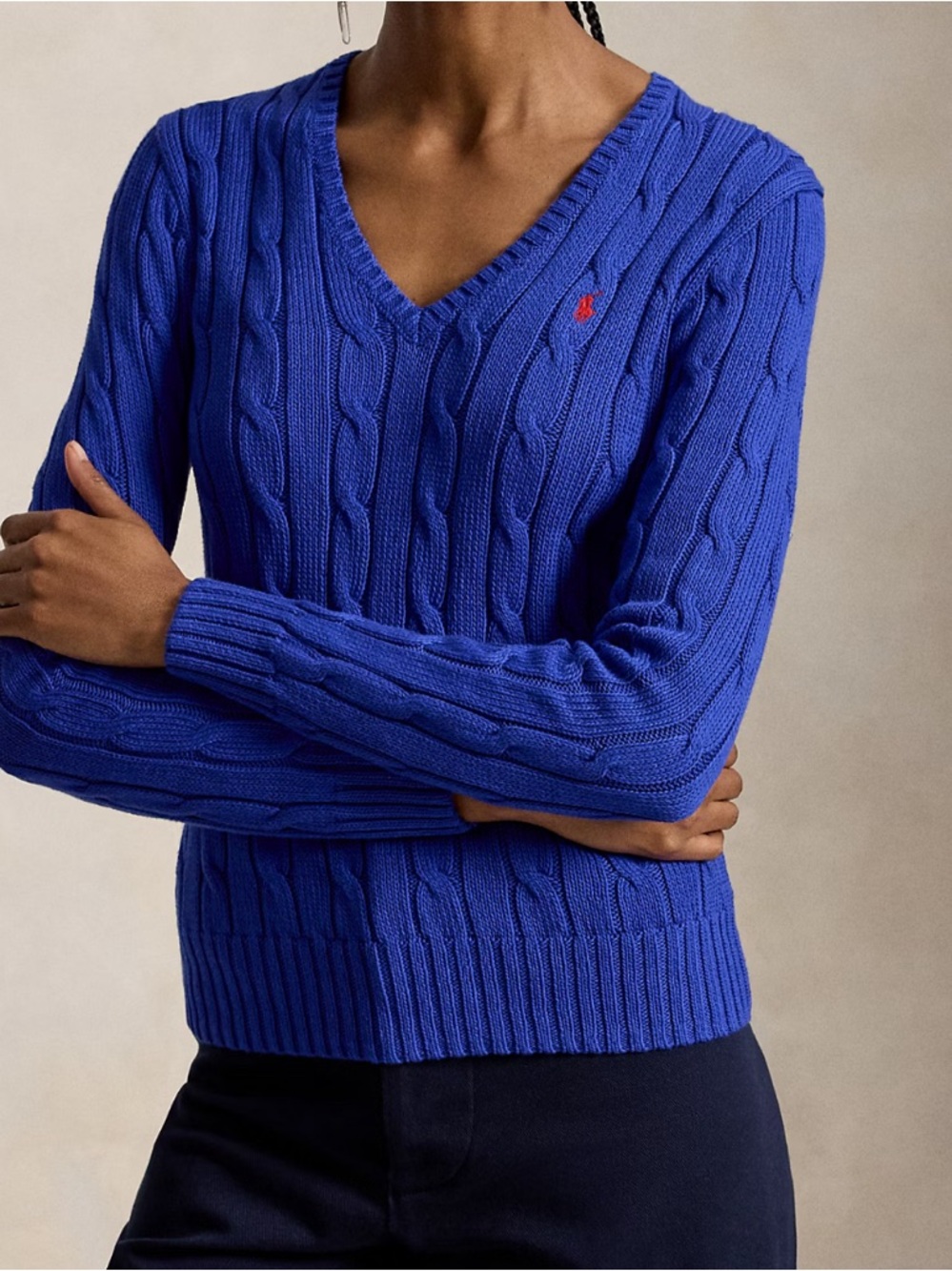 Ralph Lauren Blue Cable Knit V-Neck Sweater 100% cotton size Large
